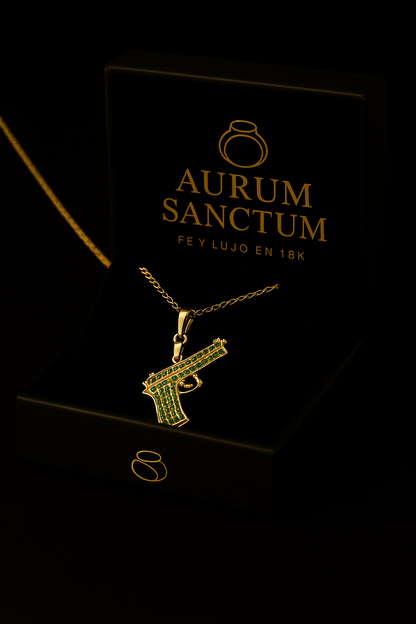 Golden Trigger cadena tejido Italiano + dije de arma en oro laminado 18K🔥