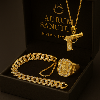 COMBO TRIGGER, CADENA PISTOLA + CUBANA CON ZIRCONIAS + ANILLO VIRGEN MARIA ORO LAMINADO 18K 🔥