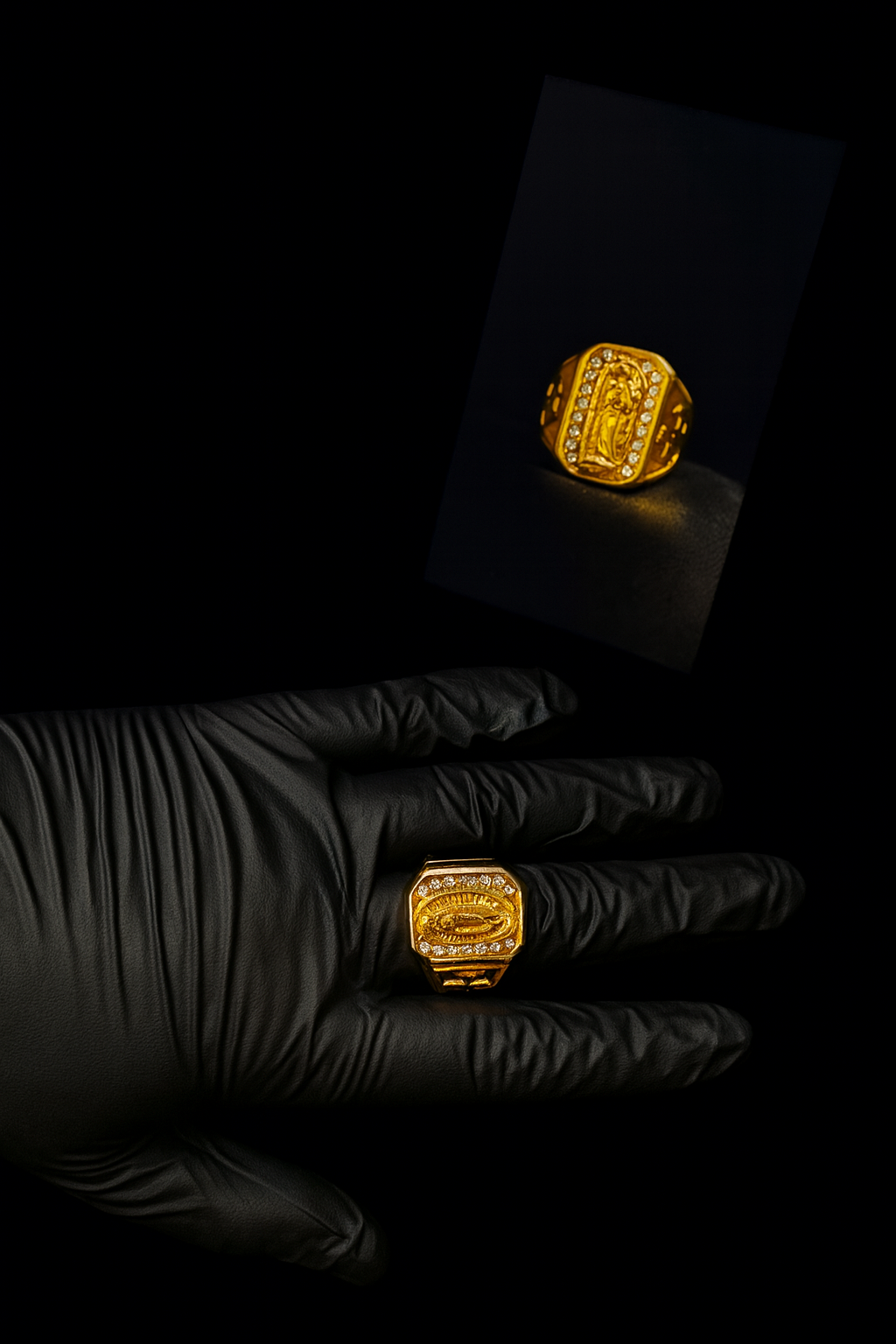 Anillo Guadalupe Dorado con Zirconias,  Luce lujo y protección en cada detalle 🙏🏻
