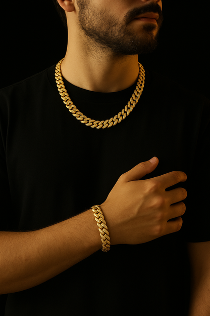 Combo Real Cubano: Cadena y Pulsera Eslabón Recto 18K Gold + regalo obsequio🔥